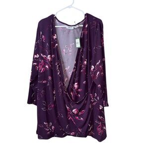 Avenue Studio Womens Plus Size 30/32 Plum Midnight Floral Surplice Draped Top